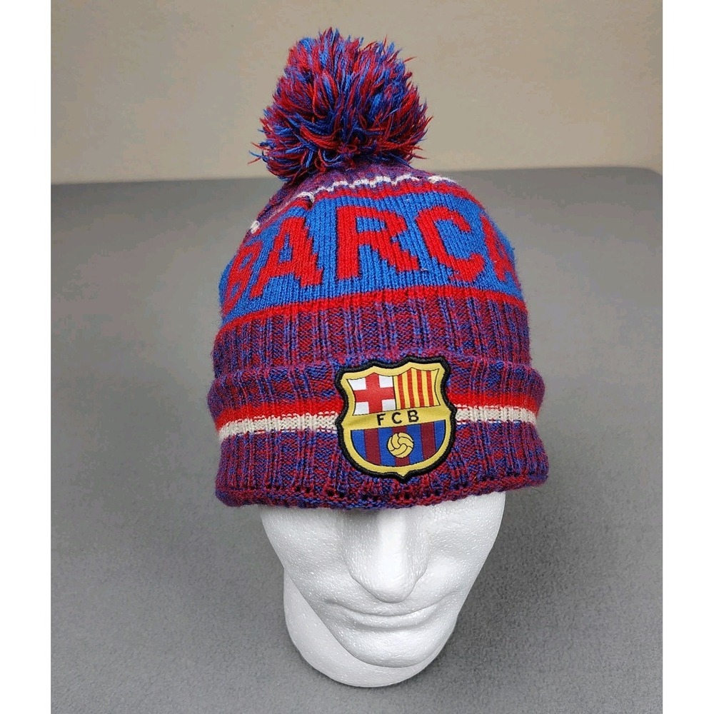 FC Barcelona Knit Beanie OSFM Adult Red Blue Fleece Lined Cuffed Pom Top Messi